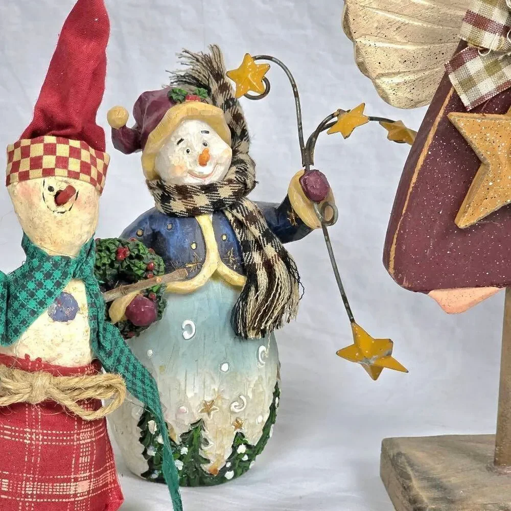 Primitive Christmas Snowman & Angel Figurines Lot